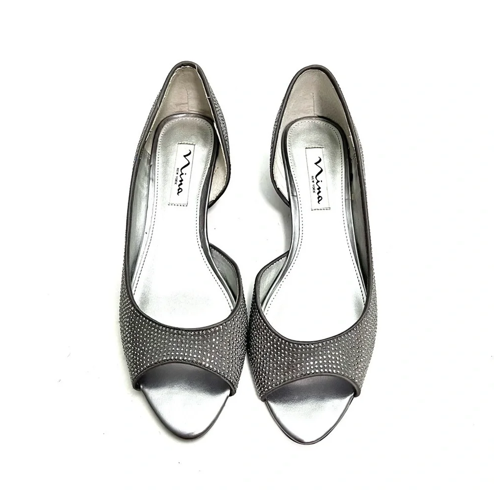 Vintage Y2K gray satin rhinestone d’Orsay wedge heels
